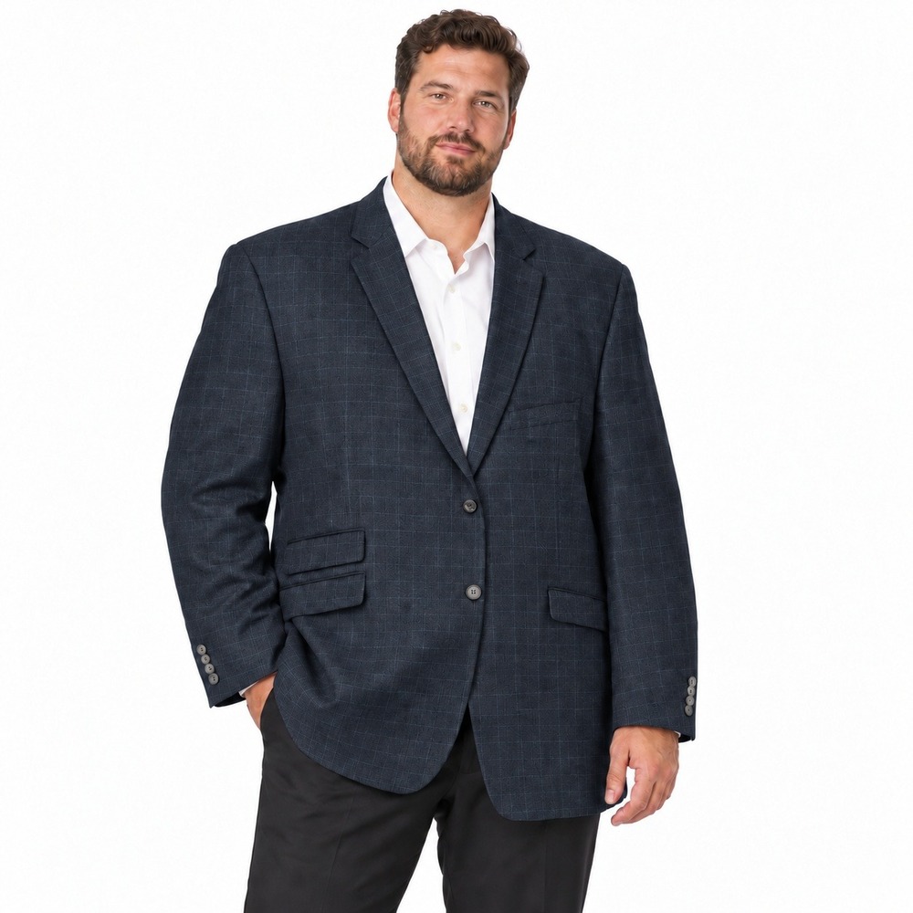 Stacy Adams Blazer Mens 52R Navy Blue Windowpane Two Button Suit Jacket